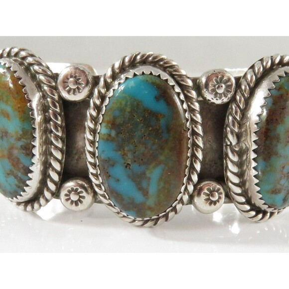 Stunning Sterling Silver Triple Blue Gem Turquoise Navajo Style Unsigned Cuff - Picture 10 of 12